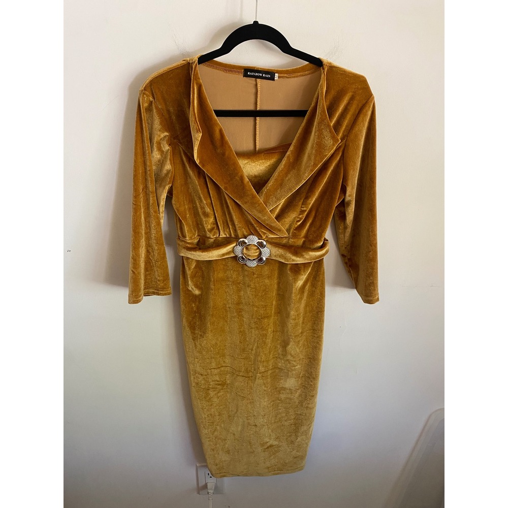 Rainbow Rain Women Gold Velvet Sheath Dress XL Rhinestone Buckle 3/4 Sleeve Midi